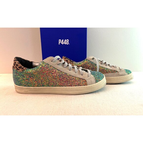 P448 Glitter & Leopard Print Low-Top Sneakers Womens Size 41 - Picture 1 of 12
